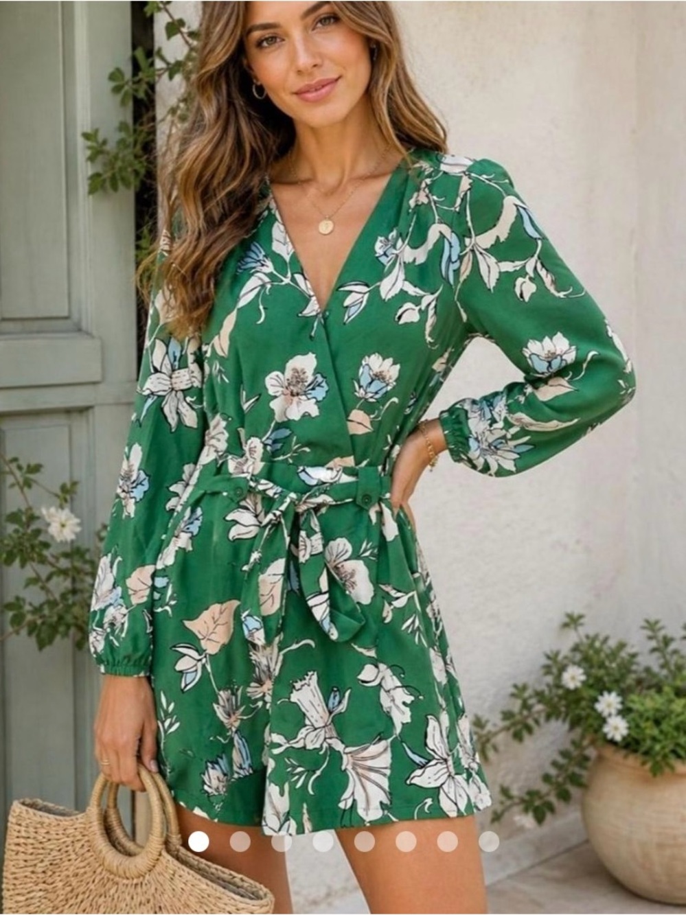 Carolina Belle Emerald Green Floral Long-Sleeve Wrap Romper Size 4